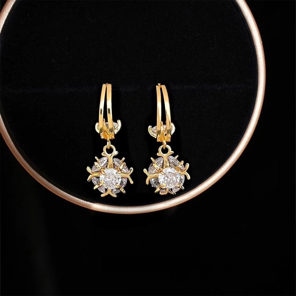 Light Luxury Copper Zircon Ball Double Layer French Vintage Old Money Drop Earrings