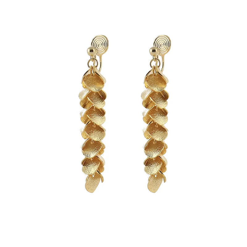 Luxury Gold Alloy Round Disc Tassel Drop Stud & Clip On No Piercing Long Dangle Women's Earrings