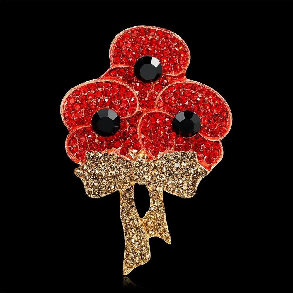 Elegant Rhinestone Poppy Flower Bouquet Brooch Red Blue Crystal Lapel Pin Corsage Suit Accessory Gift