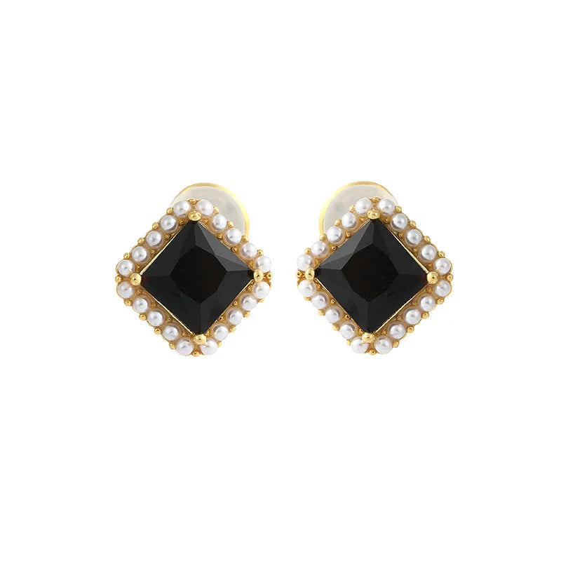 Vintage Black Square Crystal Pearl Stud & Clip On No Piercing French Luxury Alloy Earrings