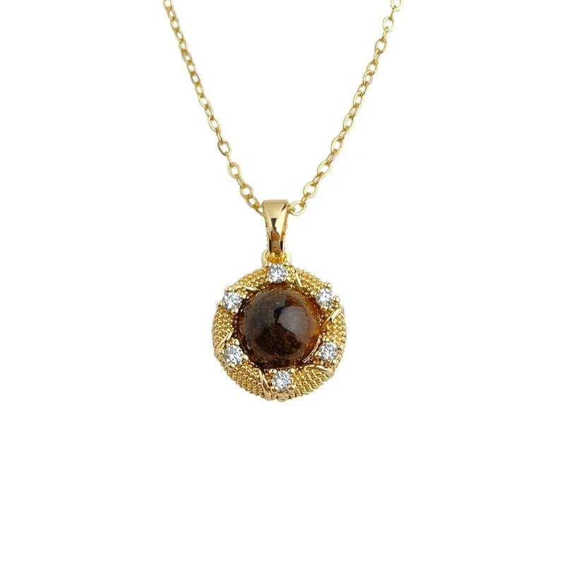 18K Gold Plated Copper Tiger Eye Natural Stone Zircon Round Geometric Vintage Necklace