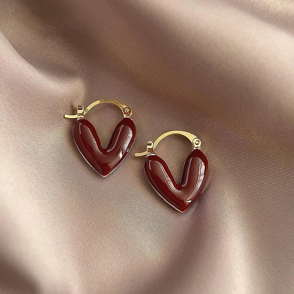 French Vintage Red Enamel Heart Drop Earrings Copper Fashion Jewelry