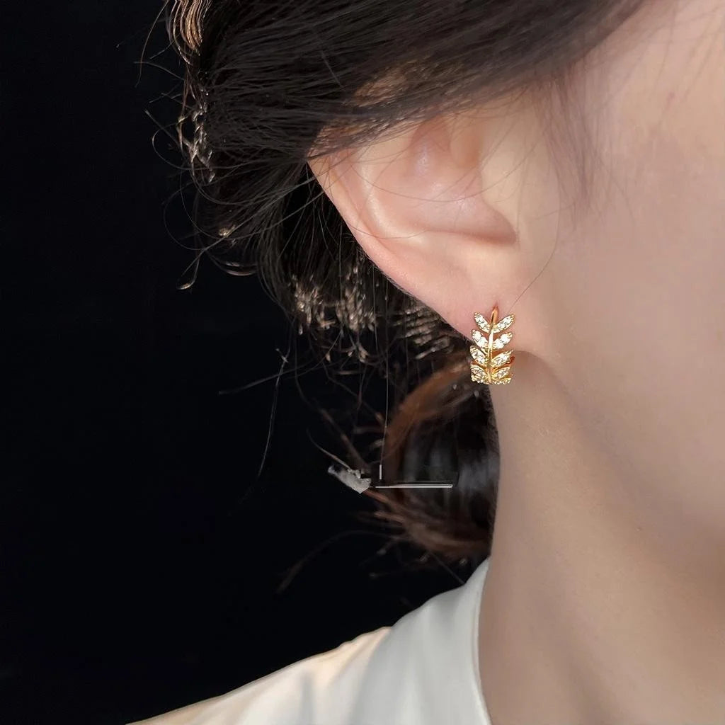 14K Gold Plated Copper Leaf Drop Earrings Micro Pave Zircon Luxury Style