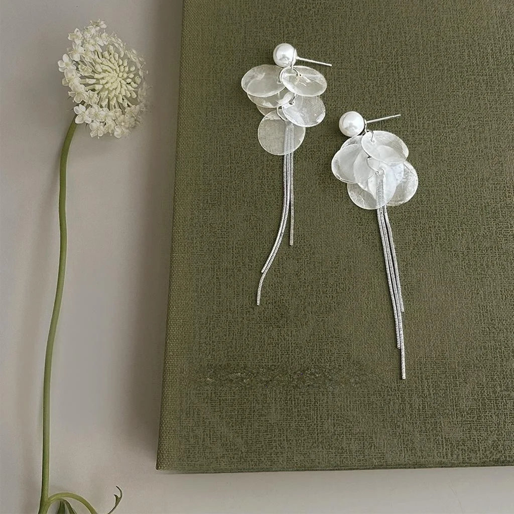 Natural Shell Long Tassel Drop Earrings, Geometric Round Designer Vacation Style Jewelry
