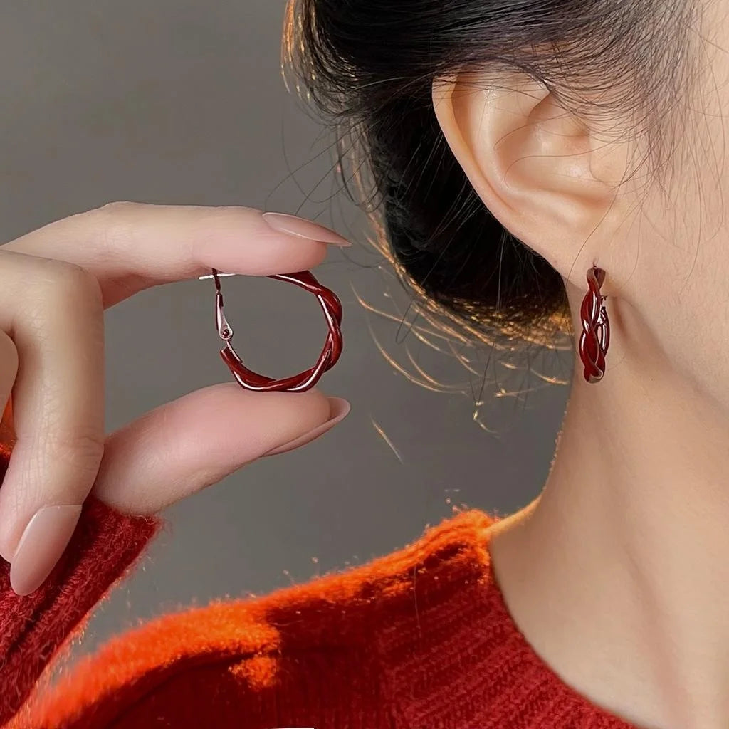 French Vintage Burgundy Enamel Twisted Copper Hoop Earrings Geometric Round Jewelry