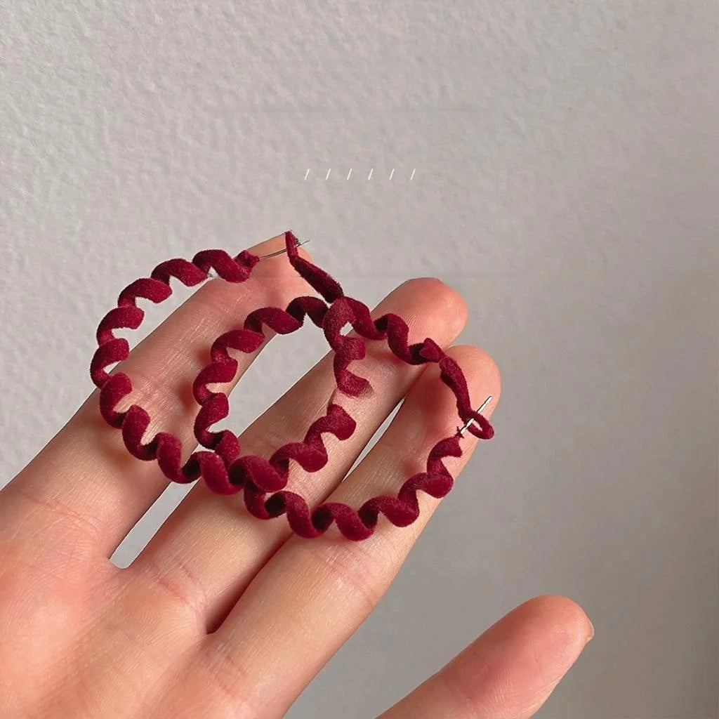 Burgundy Flocked Metal Hoop Earrings With Silver Plated Posts, Winter Geometric Coil Style