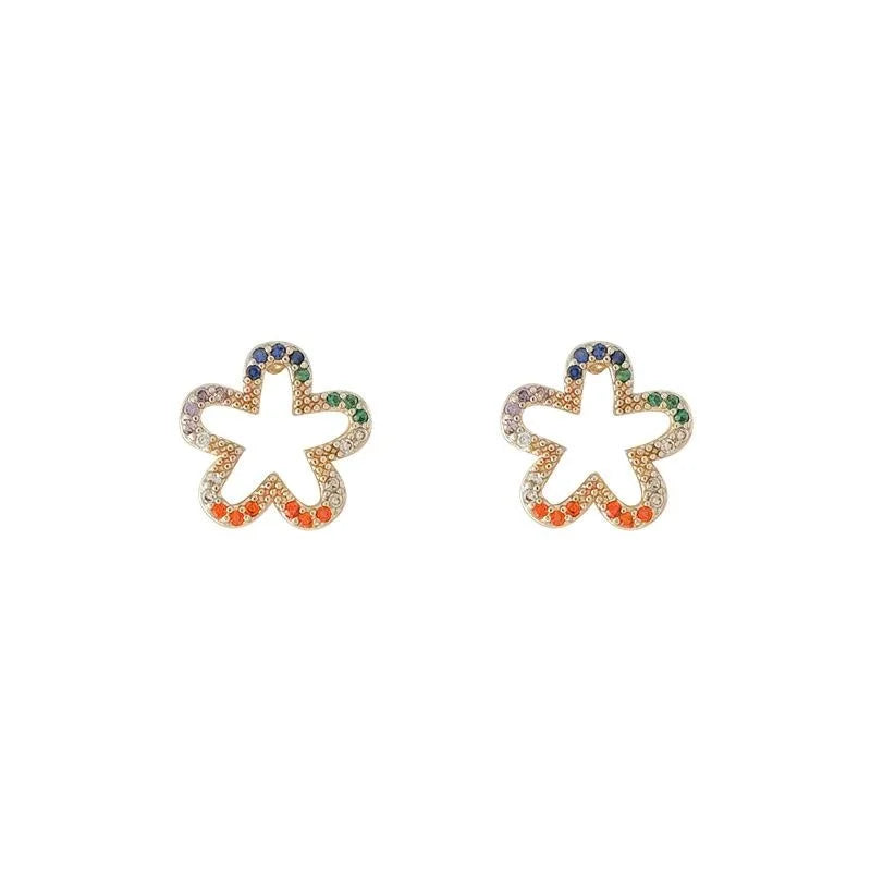 14K Gold Plated Colorful Micro Pave Zircon Hollow Flower Stud Earrings For Women