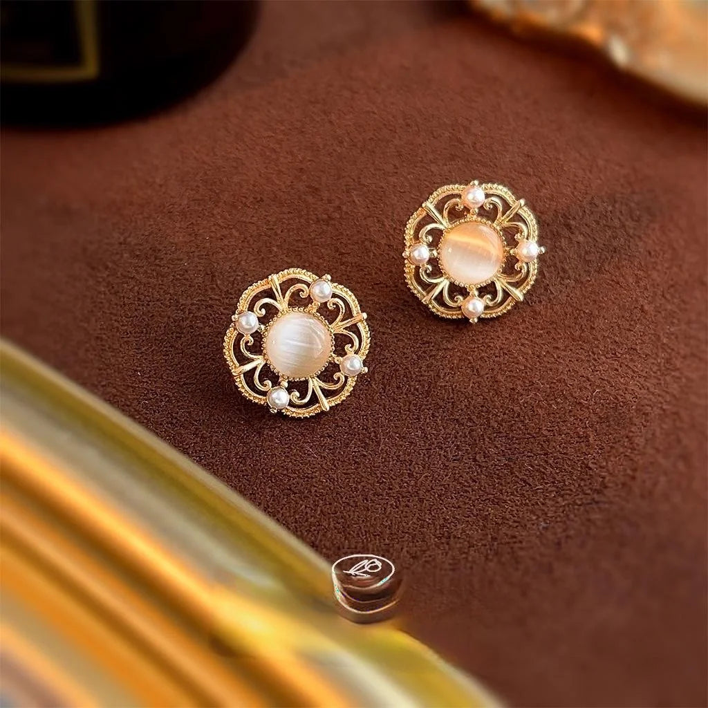 14K Gold Plated Copper Glass Cat Eye Stone Hollow Round Geometric New Chinese Drop Earrings