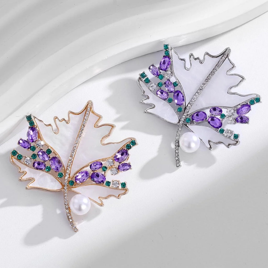 Luxury Maple Leaf Brooch With Mother Of Pearl, Rhinestone And Faux Pearl Corsage Lapel Pin Suit Accessory