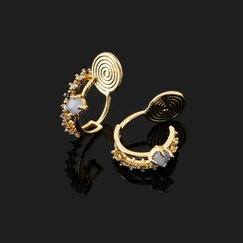 Vintage Blue Cat Eye Stone Zircon C Hoop Stud & Clip On No Piercing Elegant Gold Alloy Earrings