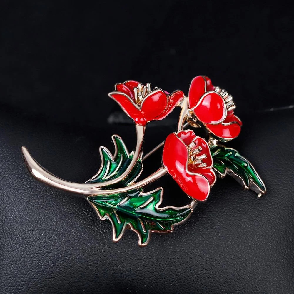 Elegant Red Enamel Poppy Flower Brooch With Rhinestone Gold Alloy Lapel Pin Corsage Suit Accessory Gift