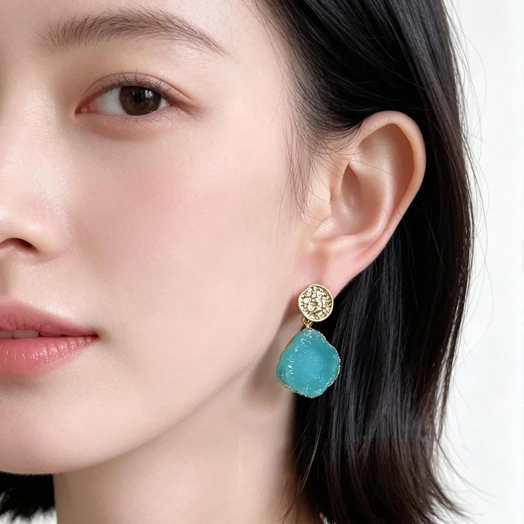 Ocean Blue Glass Crystal Flower Drop Earrings Copper Fresh Sweet Beach Vacation Jewelry
