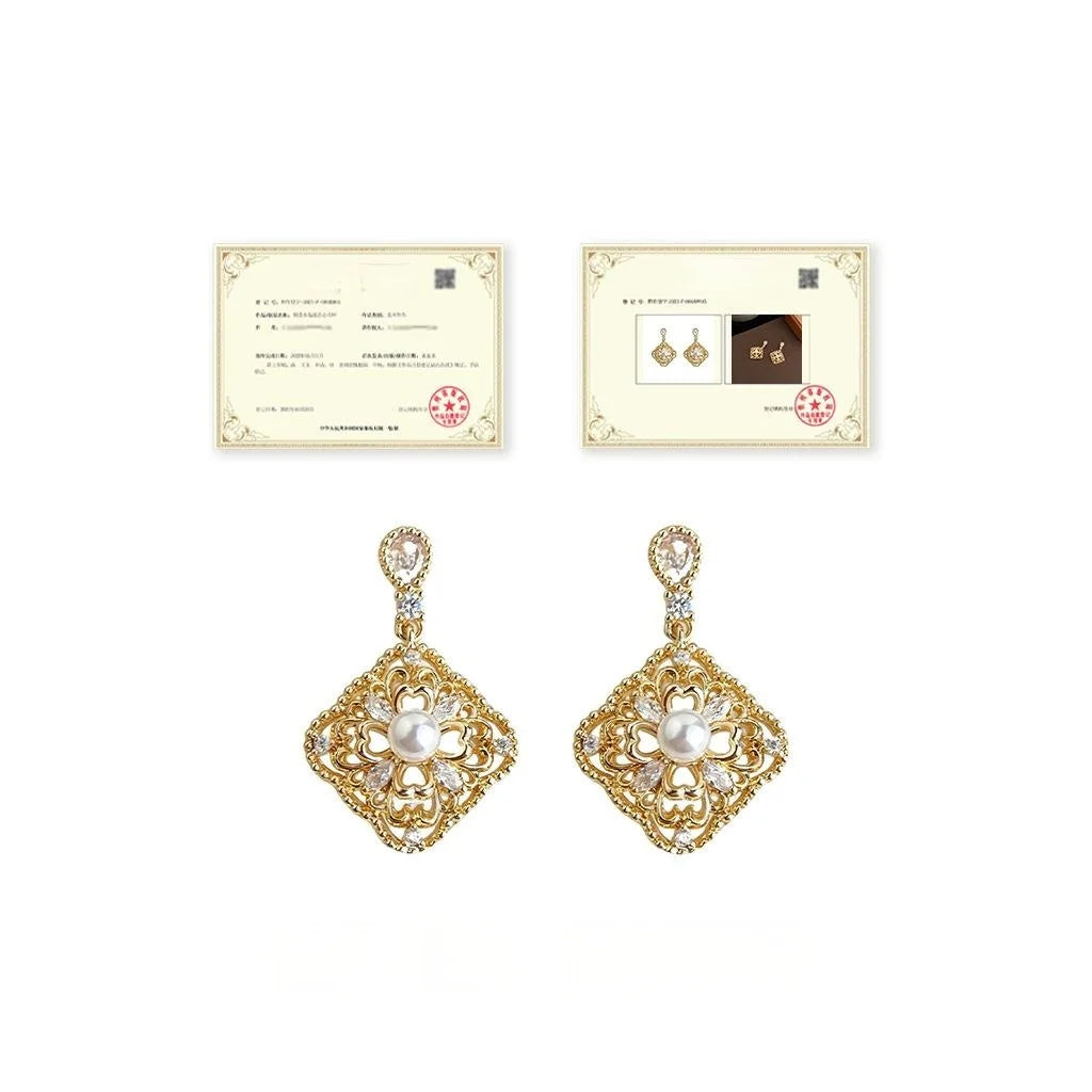 Light Luxury Eco-Friendly Copper Zircon Floral Geometric Square Drop Earrings With Silver Plated Pins