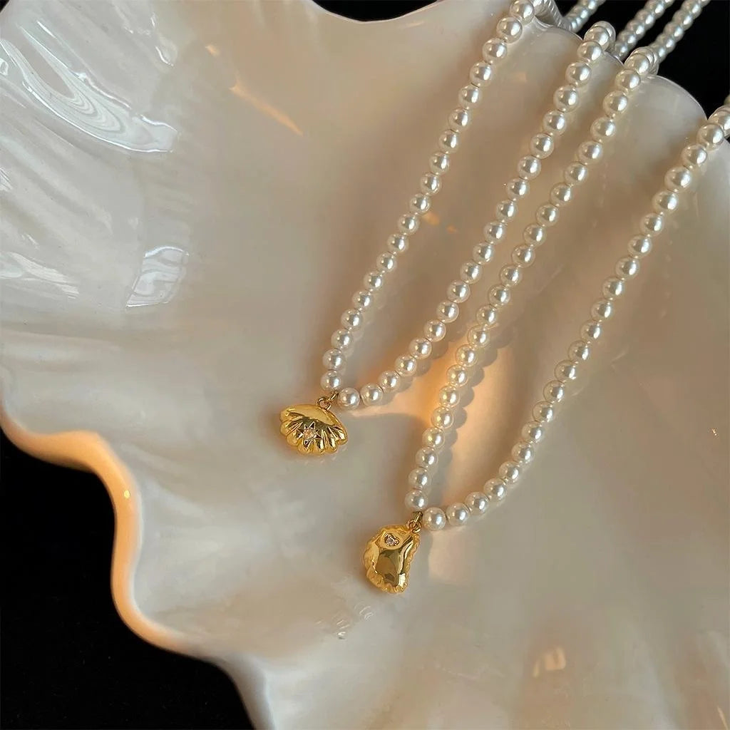 14K Gold Plated Copper Glass Pearl Necklace With Micro Pave Zircon French Vintage Shell Pendant