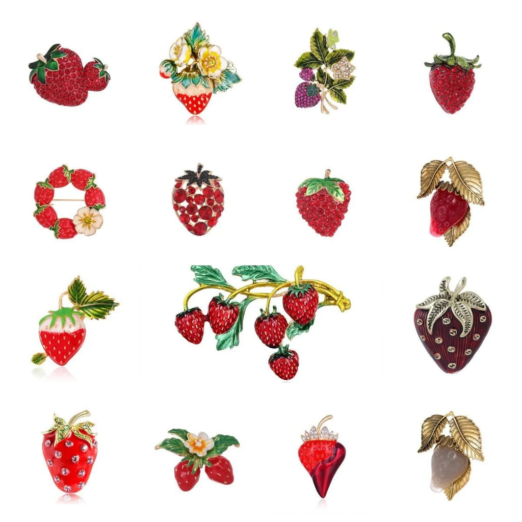 Cute Rhinestone Strawberry Alloy Brooch Collection, Elegant Fruit Corsage Lapel Pin For Suit Accessory Gift