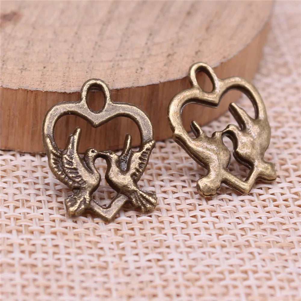 18x14mm 0.7g Multicolor Zinc Alloy Heart with Two Birds Charm Pendant for Bracelet Making
