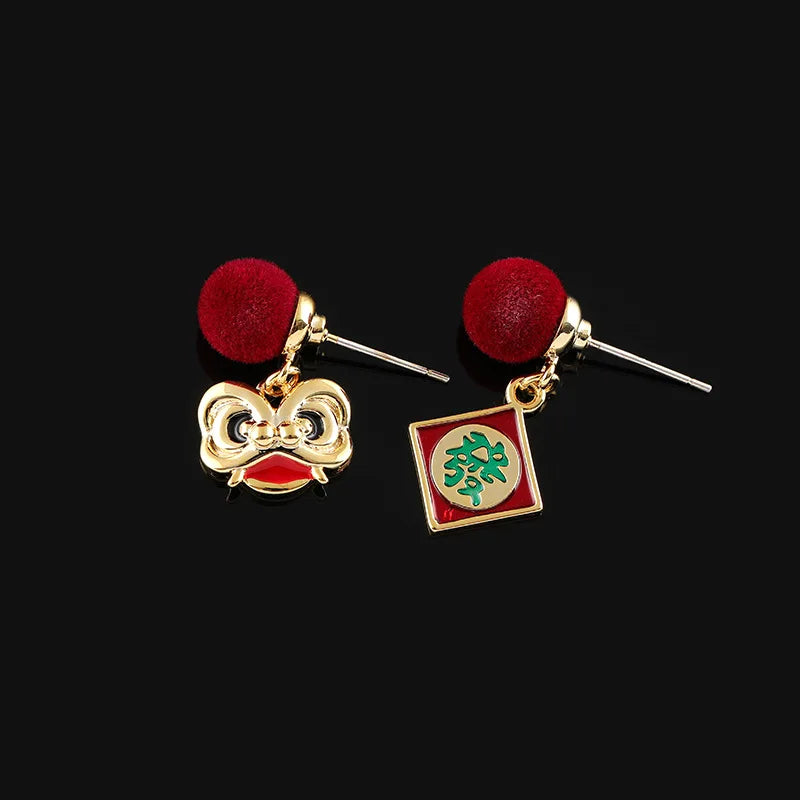 Vintage Chinese Lion Head Red Pom Pom Enamel Fortune Tag Stud & Clip On No Piercing Earrings
