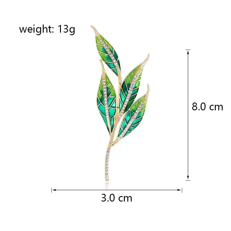 Elegant Green Willow Leaf Enamel Rhinestone Alloy Brooch, Branch Lapel Pin Corsage Suit Accessory Gift