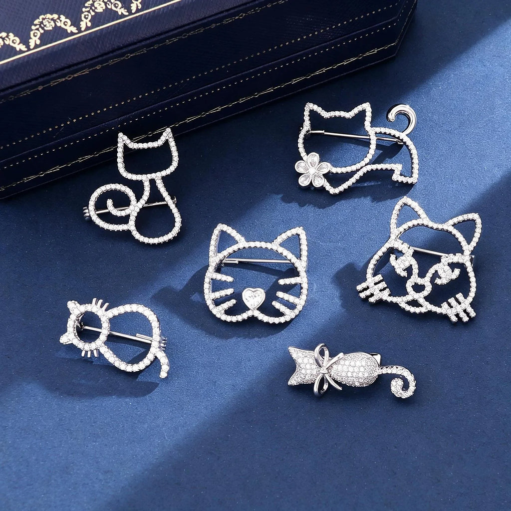 Cute Luxury Cat Bow Brooch With Zircon Rhinestones And Mother Of Pearl, Elegant Lapel Pin Suit Accessory Gift