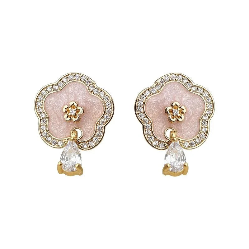 Original Plum Blossom Micro Pave Zircon 14K Plated Enamel Pink Flower Copper Drop Earrings