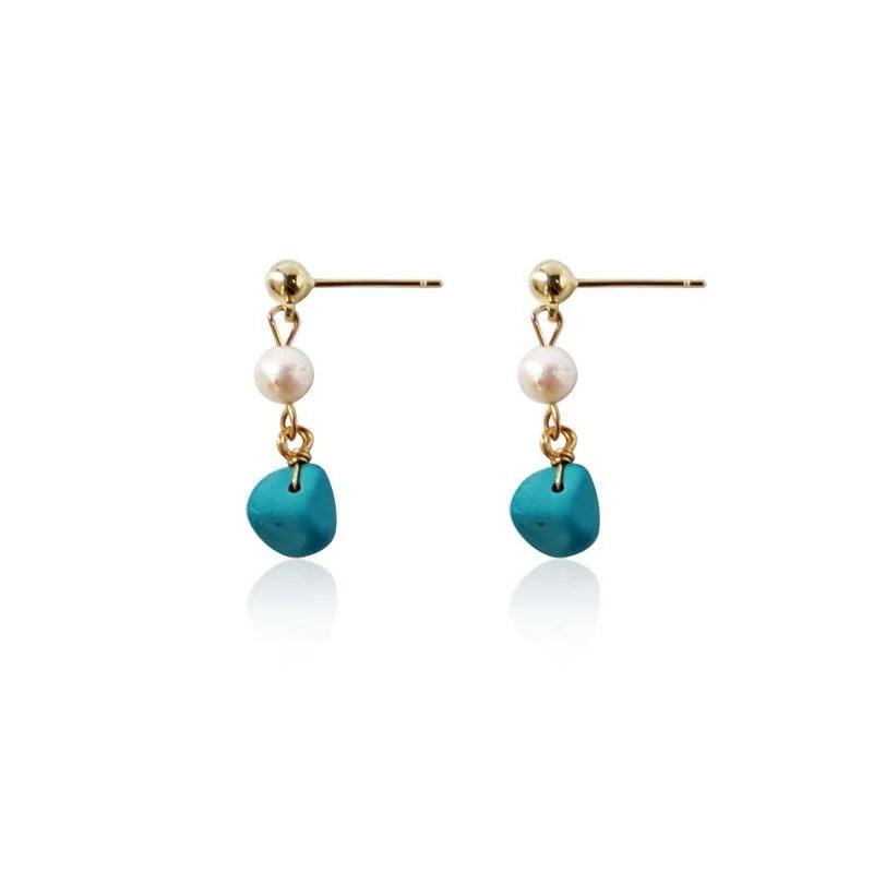 Handmade Freshwater Pearl Synthetic Turquoise Geometric Drop Earrings With 14K Plated