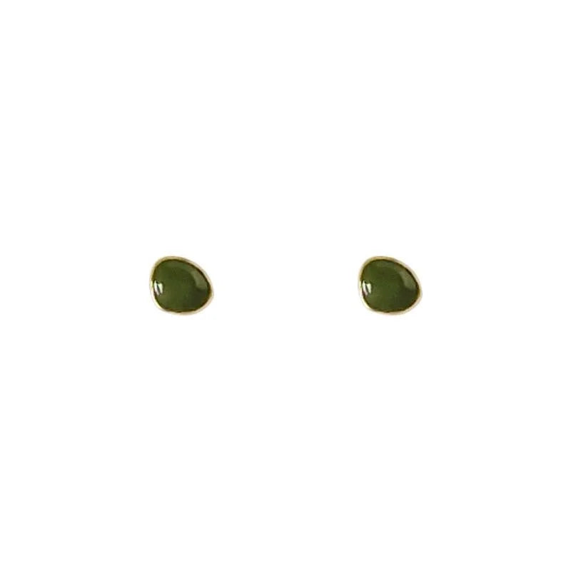Mini 14K Gold Plated Copper Green Enamel Bean Stud Earrings Minimalist Daily Wear