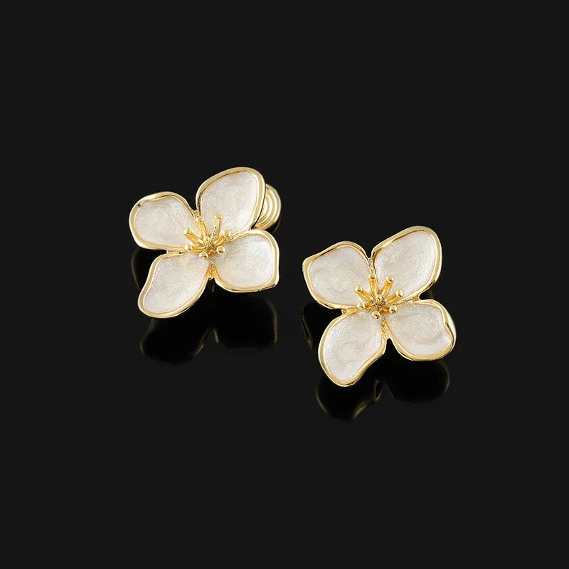 Elegant French Gold Tone Floral Enamel Alloy Stud & Clip On No Piercing Sweet Blossom Jewelry Earrings
