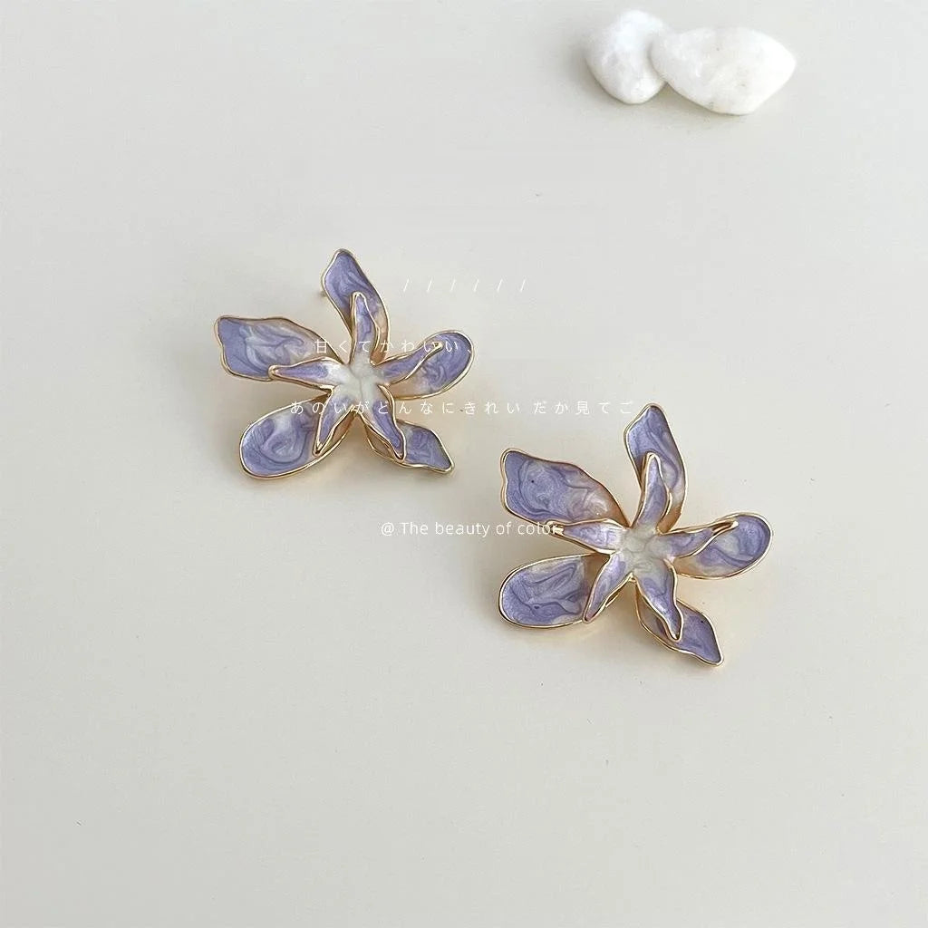 Violet Ombre Double Layer Flower Drop Earrings Copper Pastoral Sweet Floral Statement Jewelry