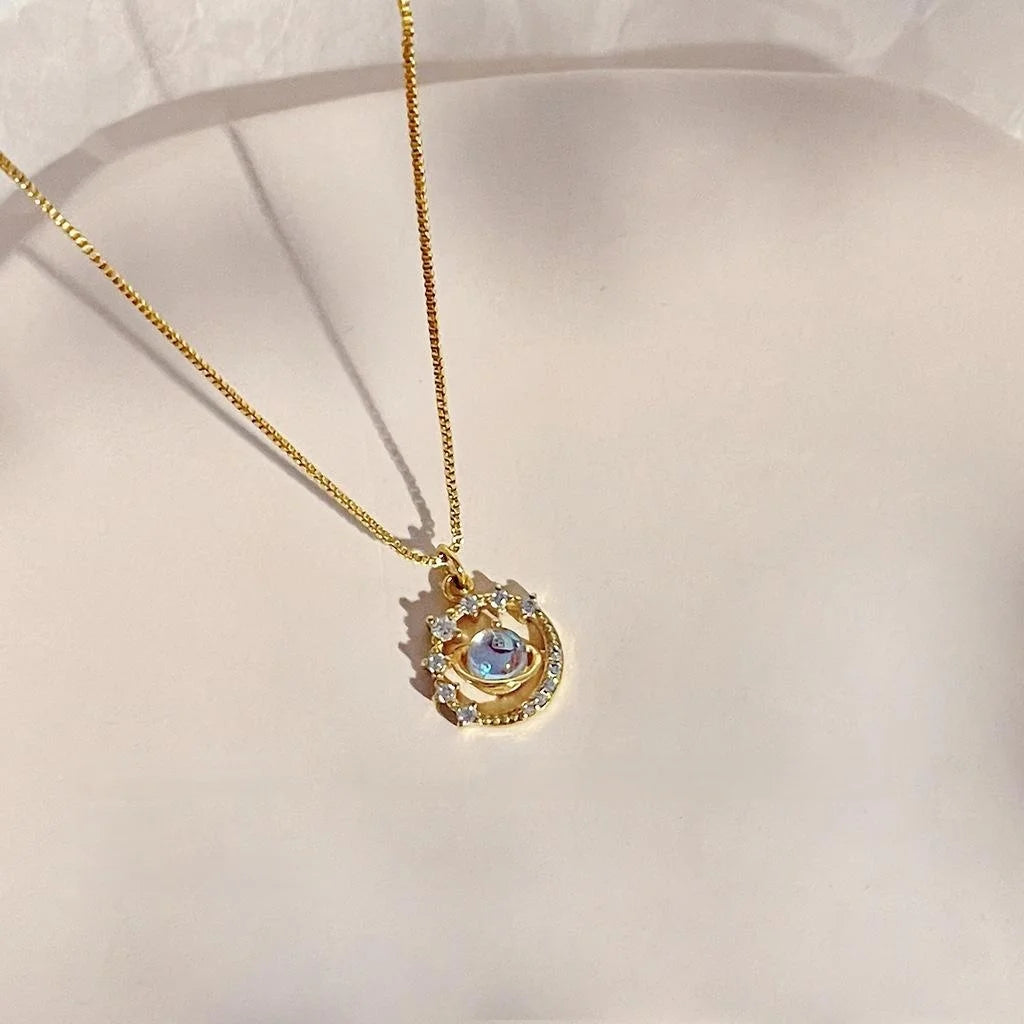 French Style 14K Gold Plated Copper Zircon Planet Pendant Necklace For Women