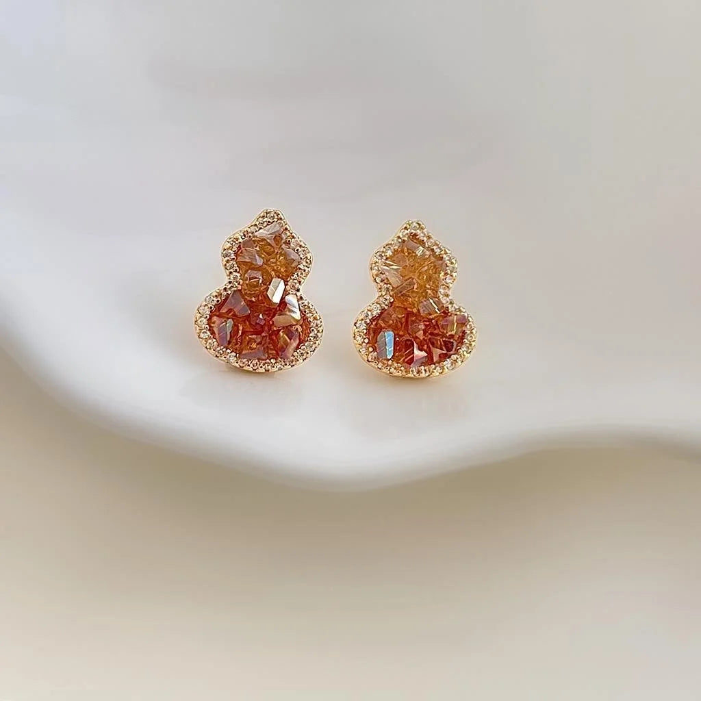Orange Gradient Champagne Crystal Gourd Stud Earrings With Zircon Micro Pave