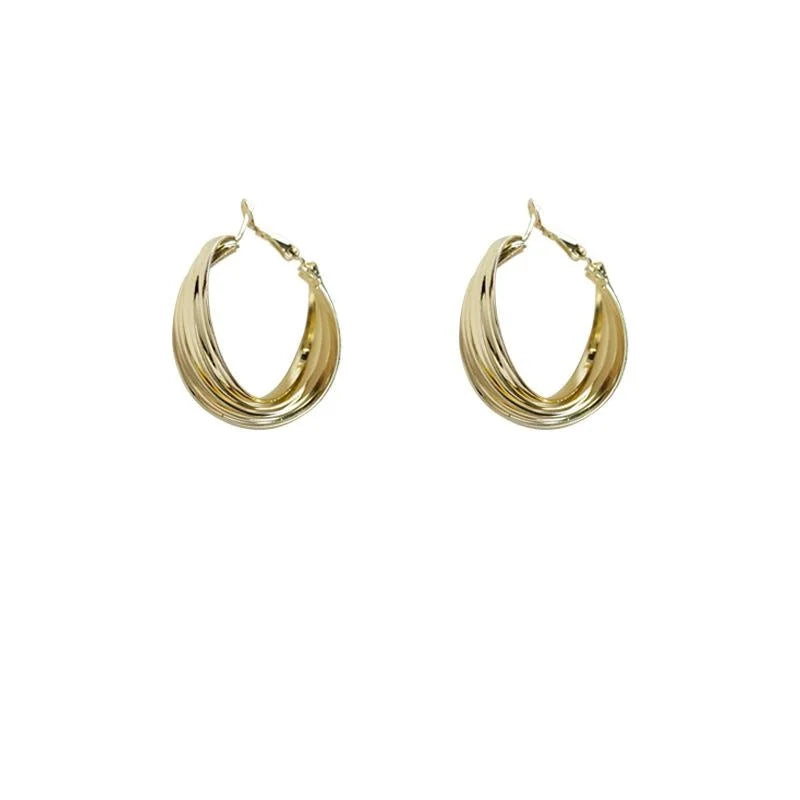 Klein Style Geometric Hoop Stud Earrings, 14K Plated Metal Minimalist Korean Jewelry