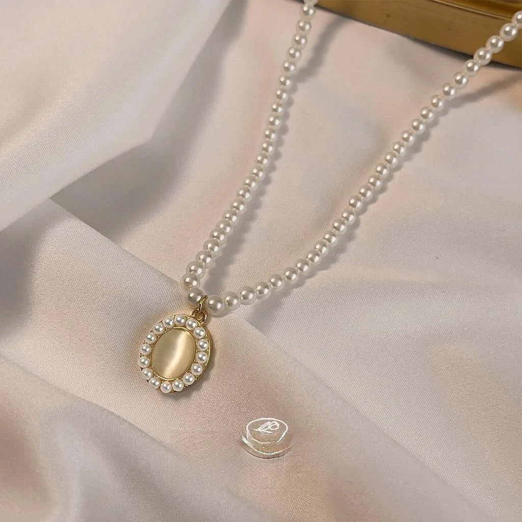French Vintage Copper Glass Cat Eye Stone Pearl Round Geometric Collarbone Necklace
