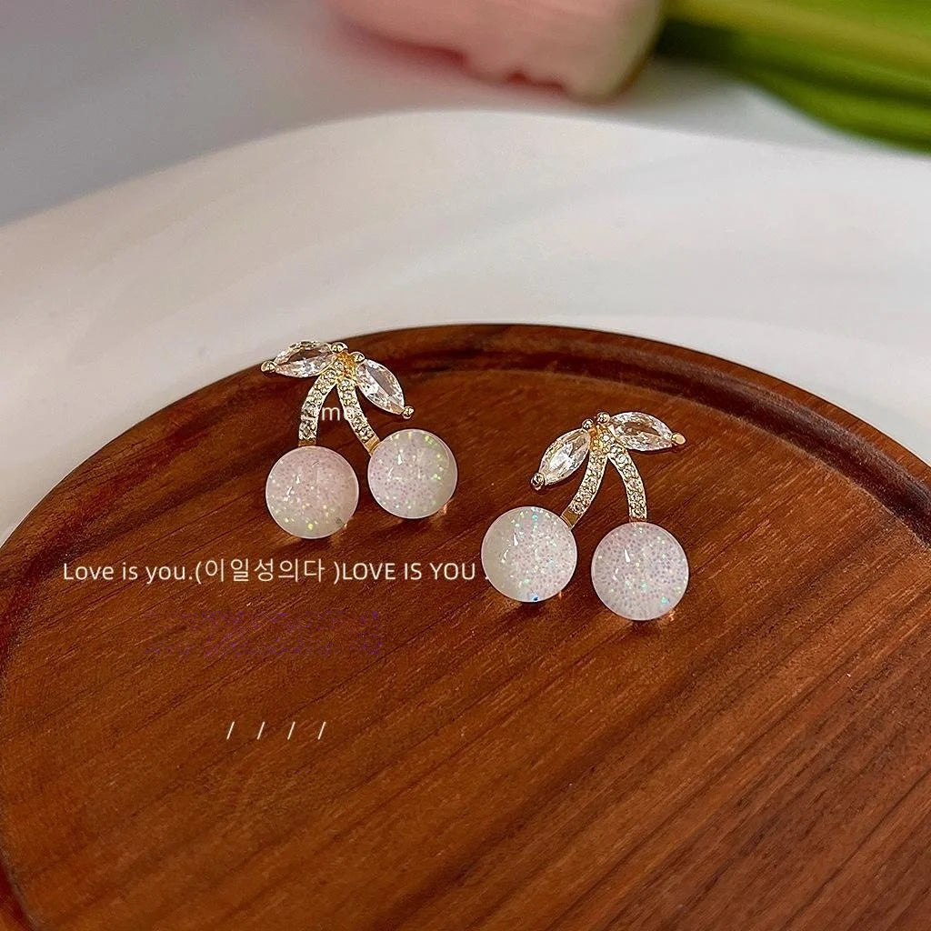 Sweet Cherry Zircon Micro Pave Copper Stud Earrings Cute Fruit Design For Women
