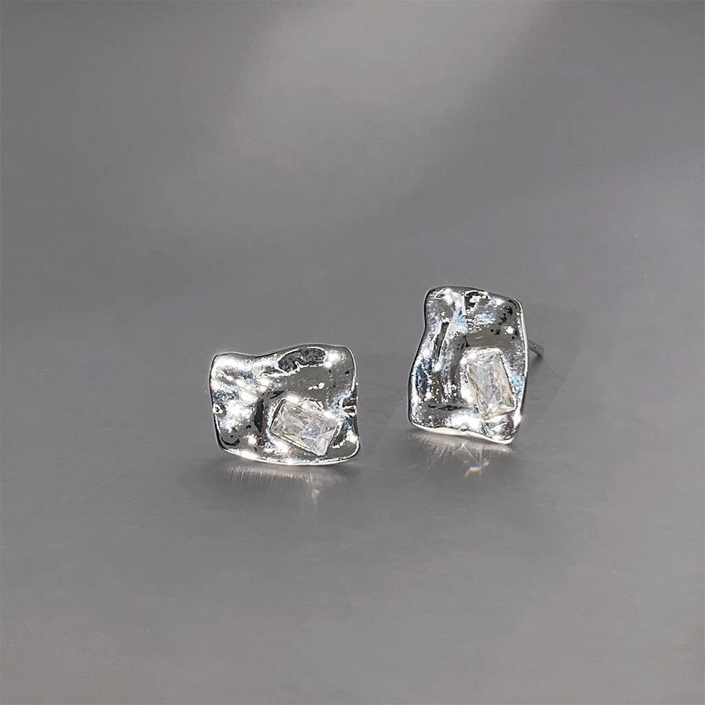 Sweet Cool Irregular Geometric Zircon Copper Stud Earrings With Silver Plated Pins