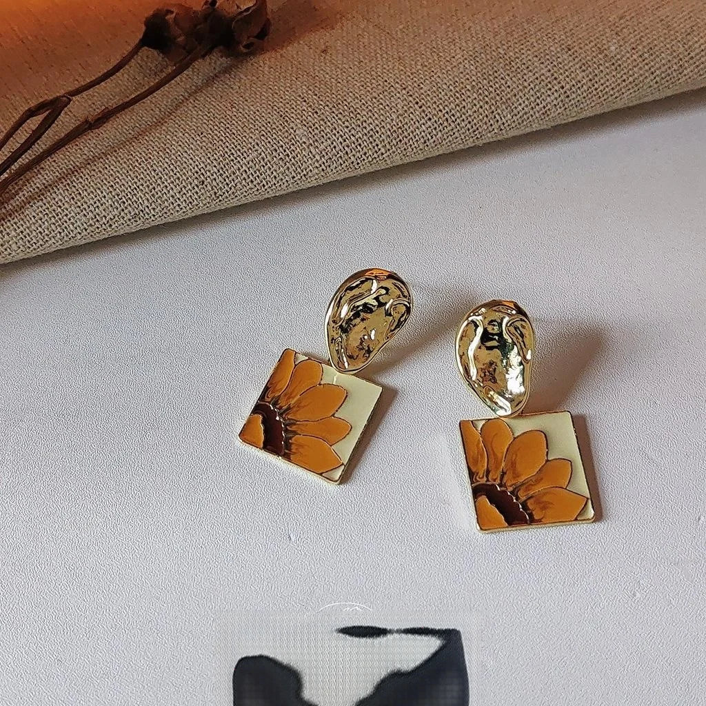 14K Plated Metal Sunflower Floral Stud Earrings With Silver Plated Pins For Women