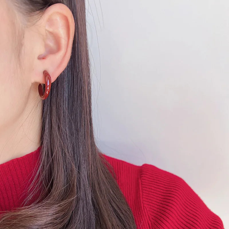 Vintage Burgundy Enamel Thick C Hoop Stud & Clip On No Piercing Glossy Alloy Open Circle Earrings