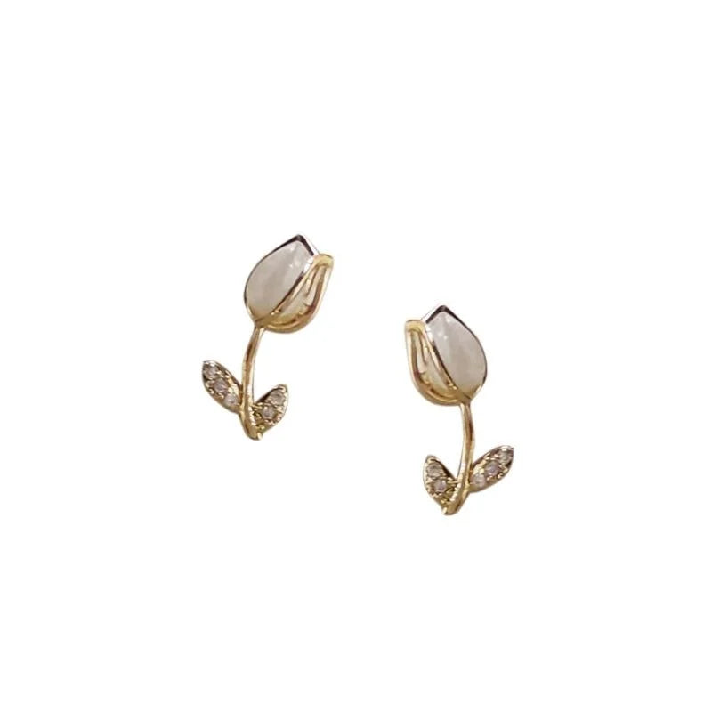 14K Plated Copper Tulip Cat Eye Glass Zircon Drop Earrings Korean Japanese Minimalist Jewelry