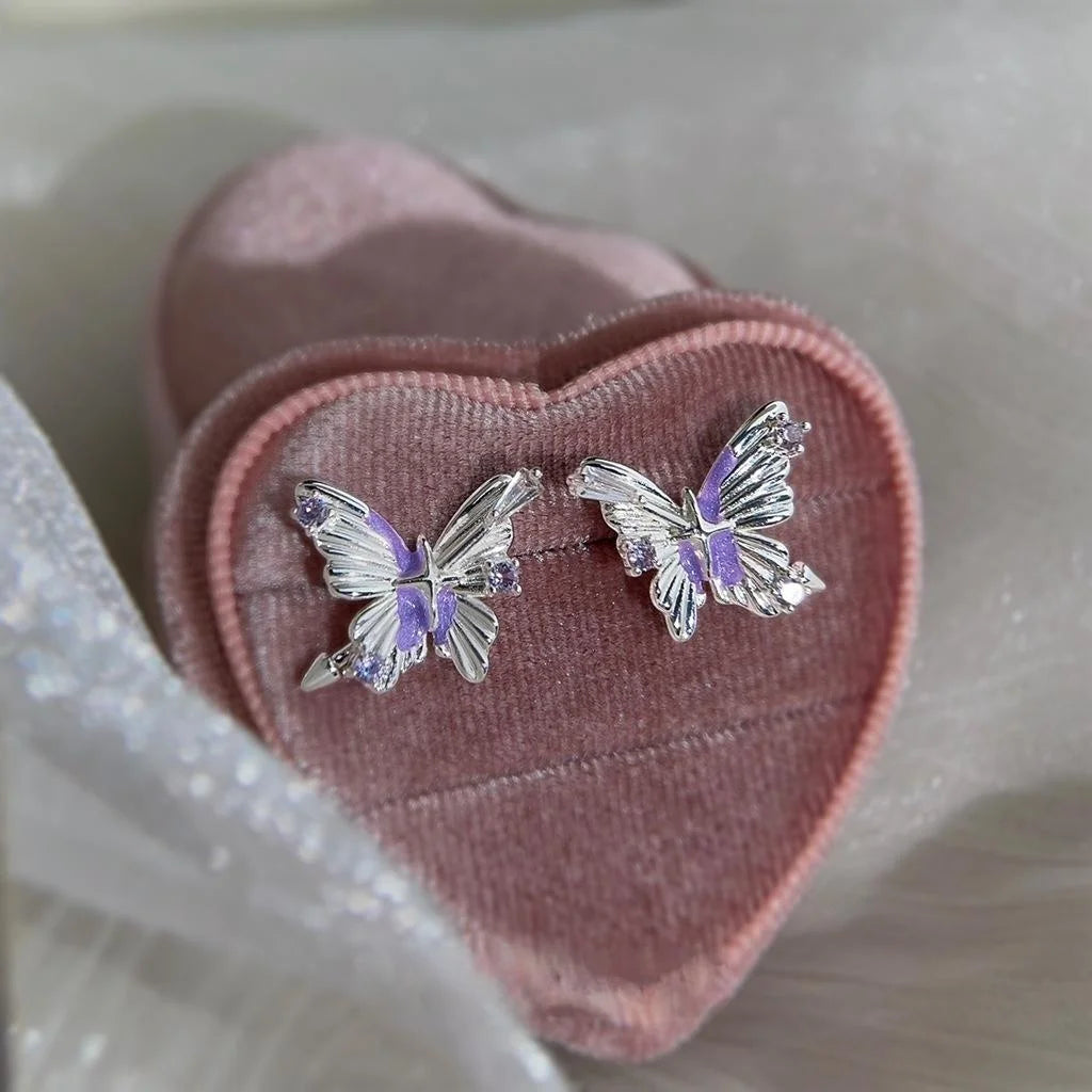 Original Designer Eco Copper Zircon Purple Butterfly Stud Earrings For Women Sweet Cool Style