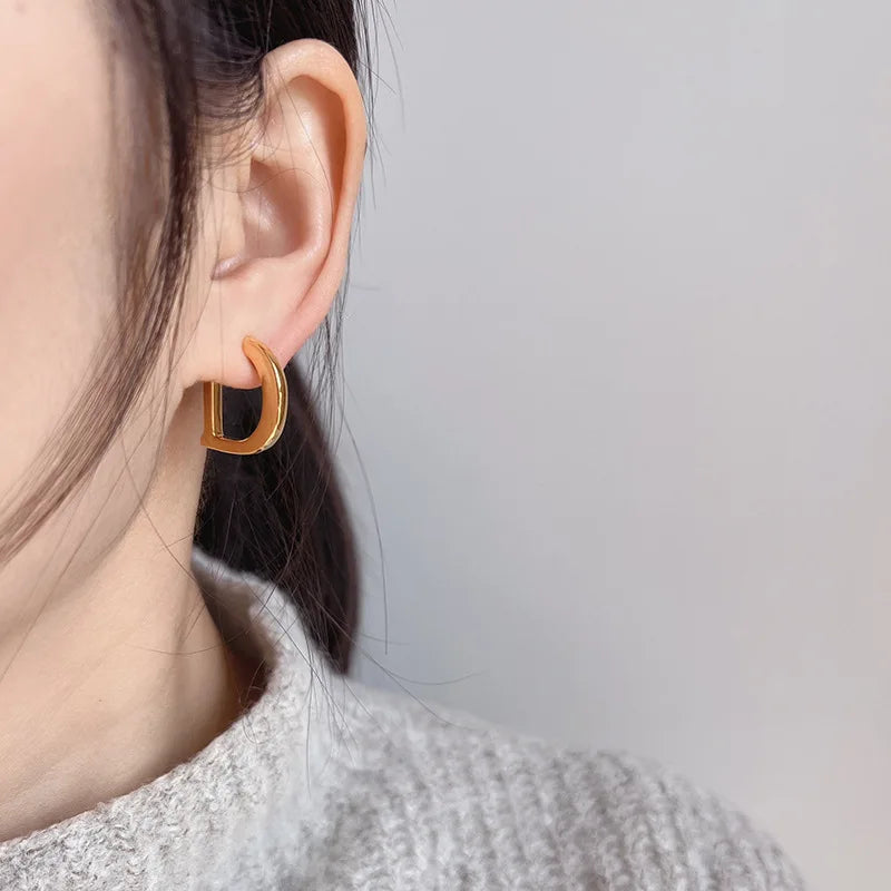 Elegant Gold Alloy D Shape Hoop Stud & Clip On No Piercing Screw Back Minimalist Fashion Earrings