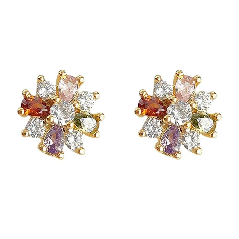 14K Gold Plated Copper Zircon Snowflake Stud Earrings Minimalist Colorful Flower Jewelry