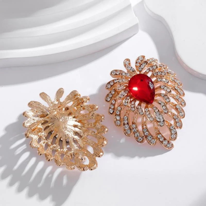 Vintage Peacock Tail Brooch With Red Glass Teardrop And Rhinestone Feather, Elegant Lapel Pin Gift