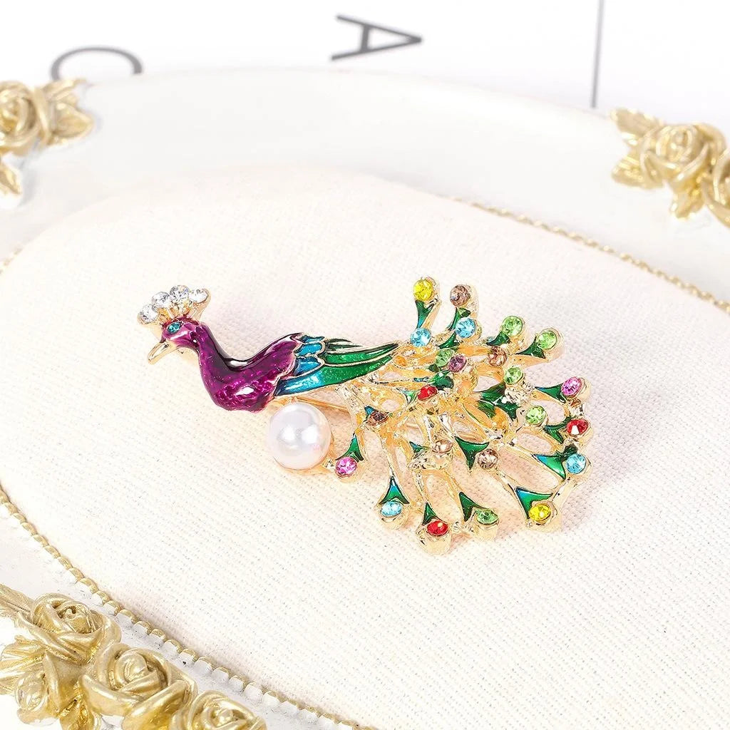 Elegant Enamel Peacock Brooch With Rhinestone And Faux Pearl, Colorful Animal Lapel Pin Gift
