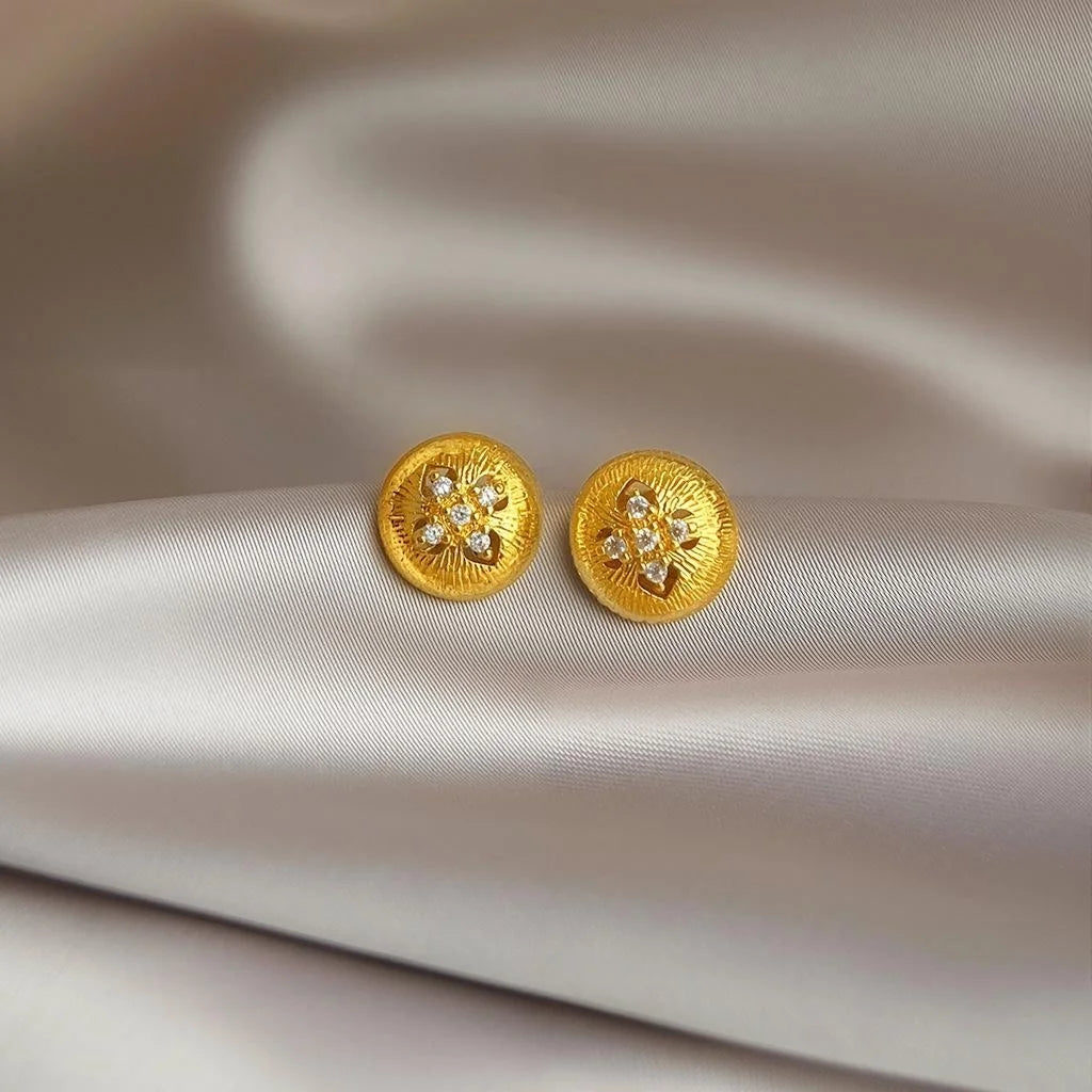 14K Plated Copper Flower Micro Pave Zircon Round Geometric Stud Earrings