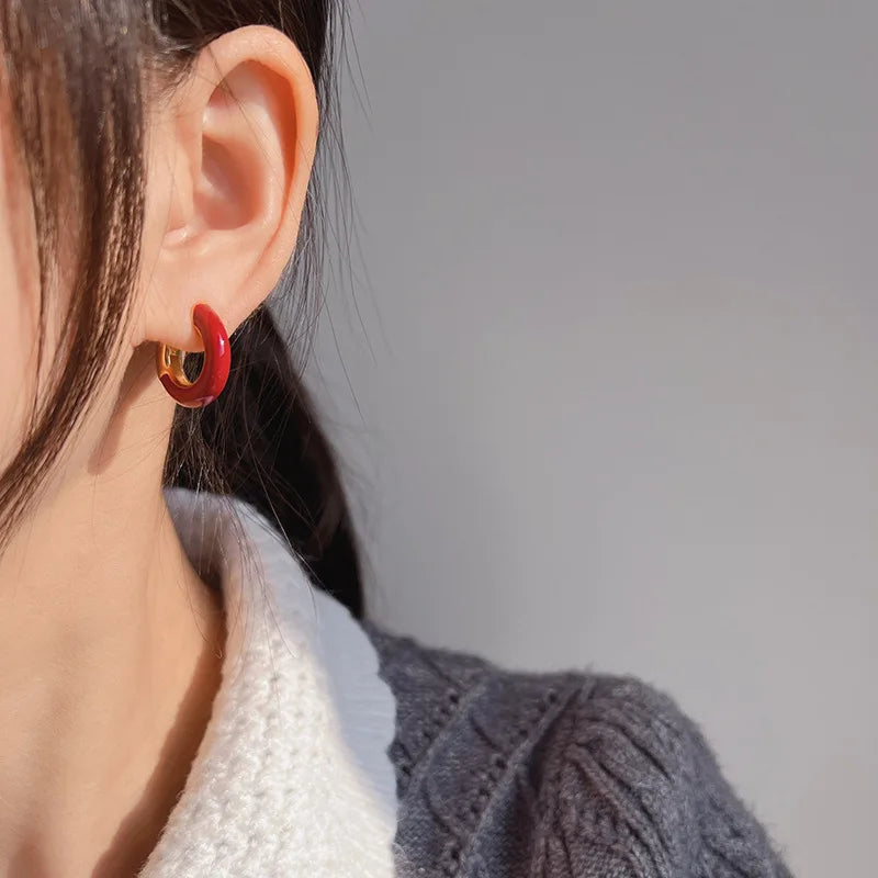 Vintage Red Enamel Gold Alloy Chunky Hoop Stud & Clip On No Piercing New Year Statement Earrings