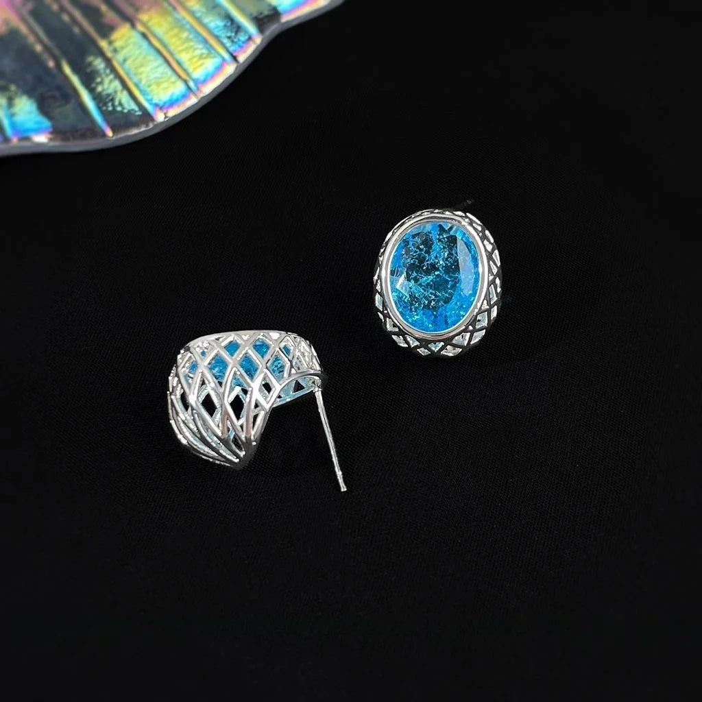 Premium Aquamarine Zircon Hollow Oval Geometric Copper Drop Earrings