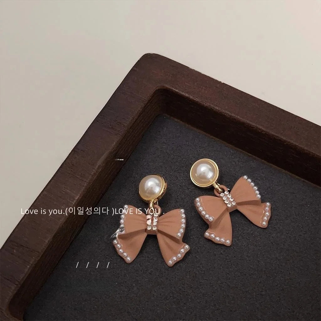 Princess Style Pink Pearl Bow Drop Earrings Copper Handmade Knot Elegant Cute Jewelry