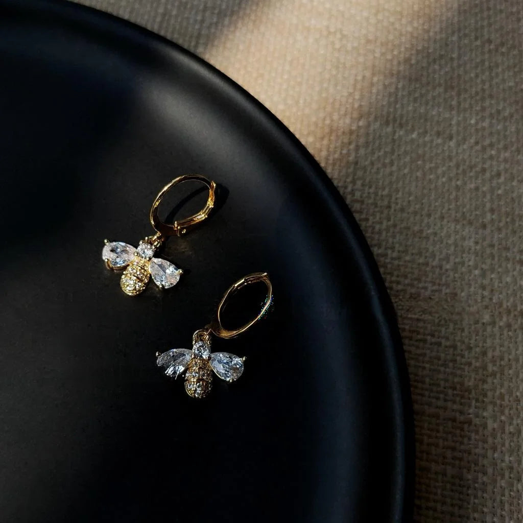 14K Gold Plated Copper Micro Pave Zircon Bee Drop Earrings Light Luxury Vintage Jewelry