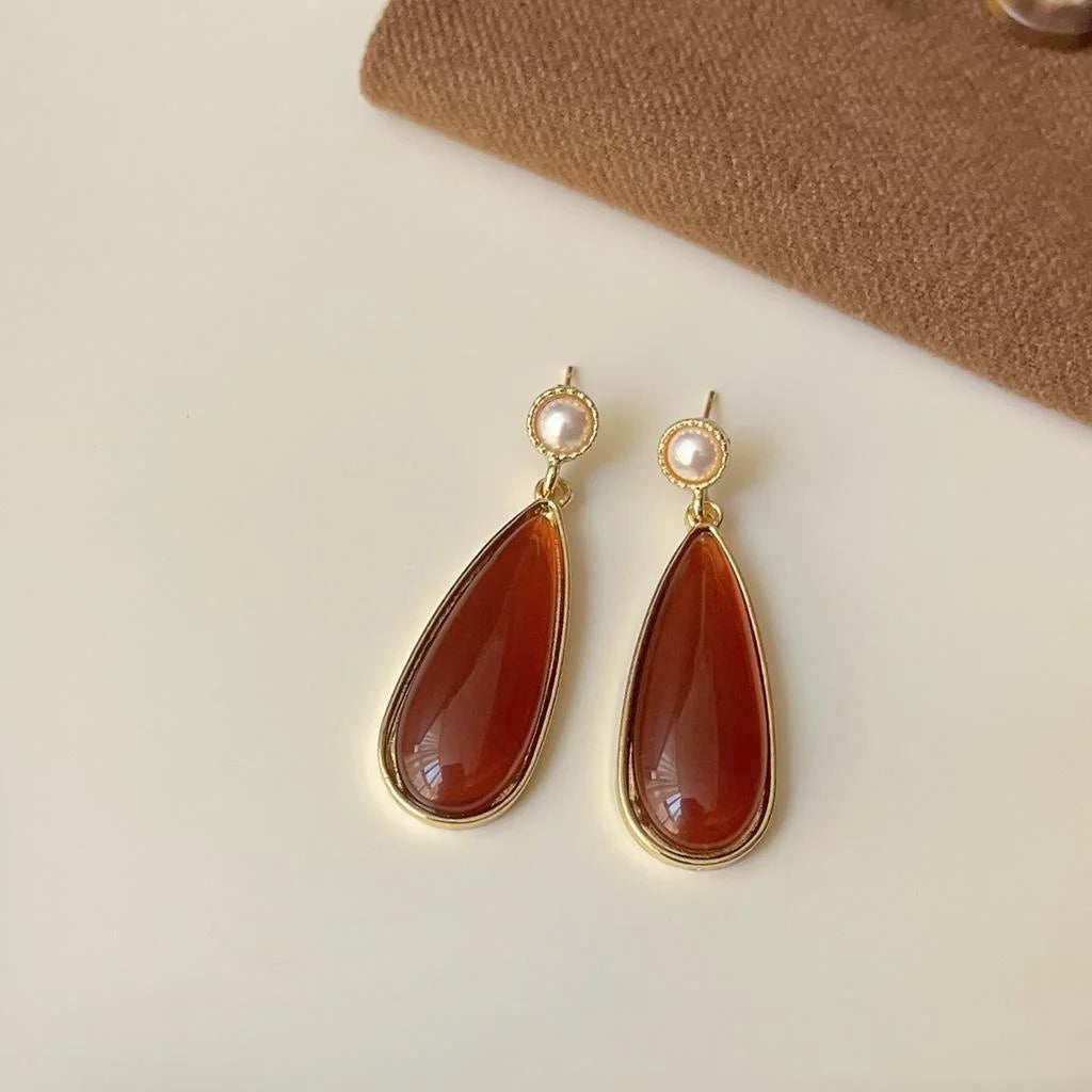 Maillard Coffee Brown Copper Geometric Irregular Drop Earrings French Retro Winter Style