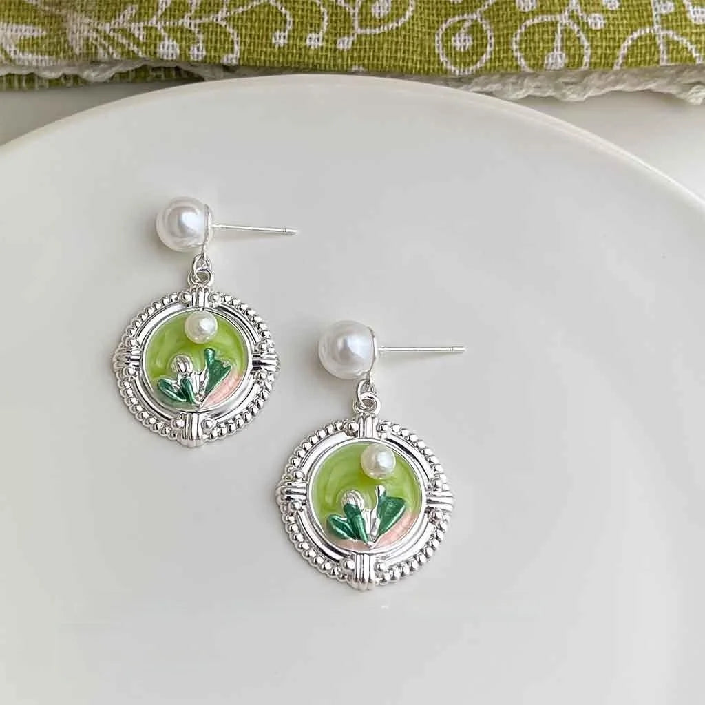 High-End Monet Garden Oil Painting Enamel Flower Leaf Copper Pearl Drop Earrings