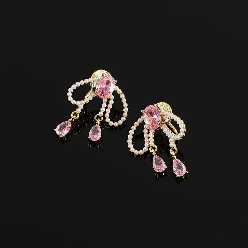 Elegant Pink Zircon And Faux Pearl Bow Tassel Alloy Stud & Clip On No Piercing Bridal Party Earrings